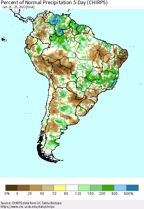 South America Percent of Normal Precipitation 5-Day (CHIRPS) Thematic Map For 1/21/2023 - 1/25/2023