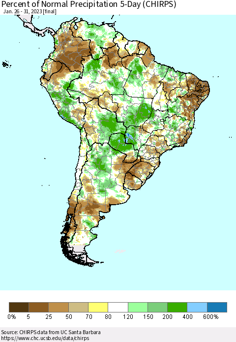 South America Percent of Normal Precipitation 5-Day (CHIRPS) Thematic Map For 1/26/2023 - 1/31/2023