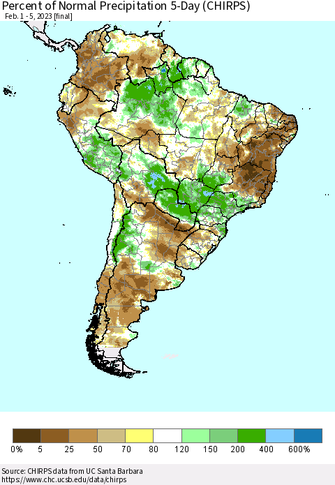 South America Percent of Normal Precipitation 5-Day (CHIRPS) Thematic Map For 2/1/2023 - 2/5/2023
