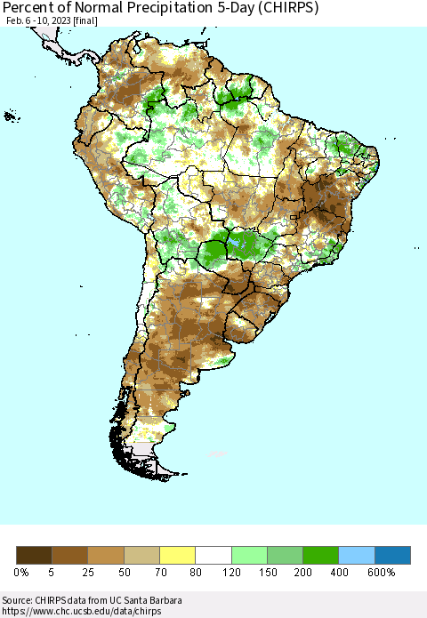 South America Percent of Normal Precipitation 5-Day (CHIRPS) Thematic Map For 2/6/2023 - 2/10/2023