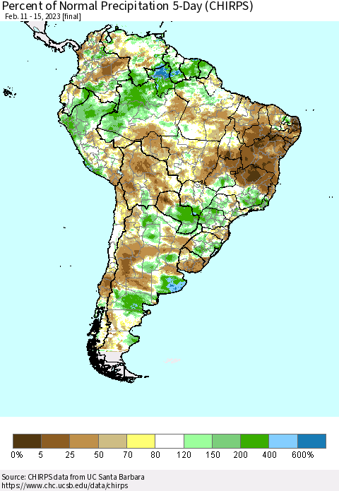 South America Percent of Normal Precipitation 5-Day (CHIRPS) Thematic Map For 2/11/2023 - 2/15/2023