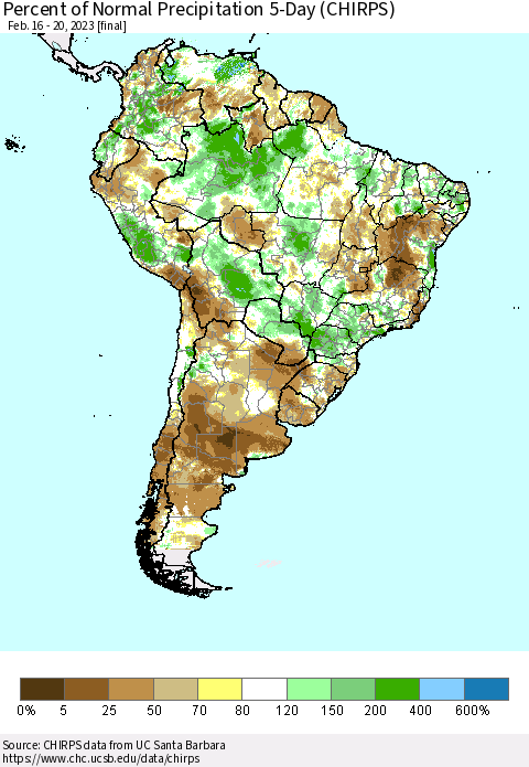 South America Percent of Normal Precipitation 5-Day (CHIRPS) Thematic Map For 2/16/2023 - 2/20/2023