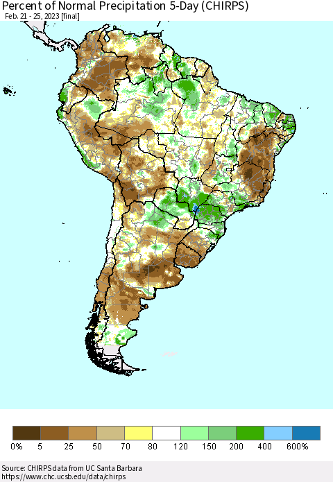 South America Percent of Normal Precipitation 5-Day (CHIRPS) Thematic Map For 2/21/2023 - 2/25/2023