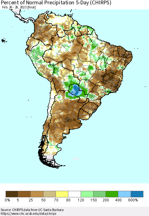 South America Percent of Normal Precipitation 5-Day (CHIRPS) Thematic Map For 2/26/2023 - 2/28/2023