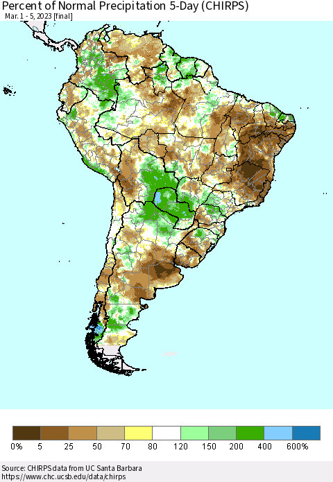 South America Percent of Normal Precipitation 5-Day (CHIRPS) Thematic Map For 3/1/2023 - 3/5/2023