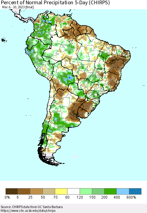 South America Percent of Normal Precipitation 5-Day (CHIRPS) Thematic Map For 3/6/2023 - 3/10/2023