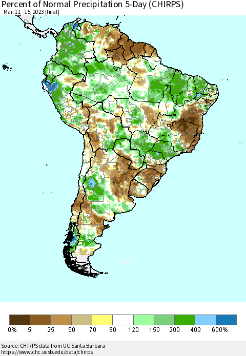 South America Percent of Normal Precipitation 5-Day (CHIRPS) Thematic Map For 3/11/2023 - 3/15/2023