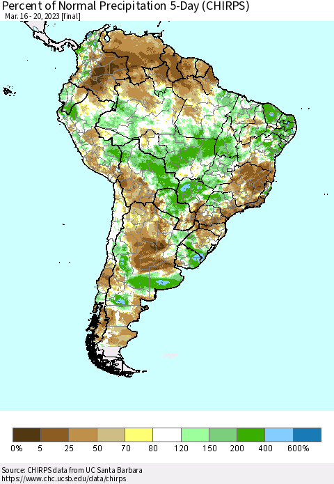 South America Percent of Normal Precipitation 5-Day (CHIRPS) Thematic Map For 3/16/2023 - 3/20/2023