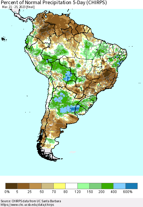 South America Percent of Normal Precipitation 5-Day (CHIRPS) Thematic Map For 3/21/2023 - 3/25/2023