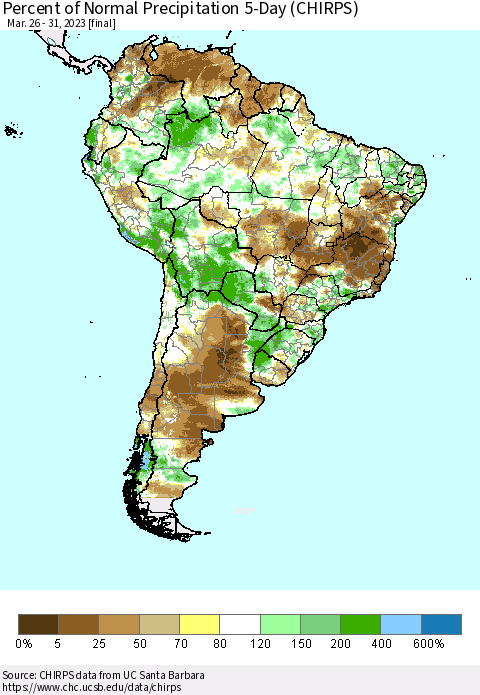 South America Percent of Normal Precipitation 5-Day (CHIRPS) Thematic Map For 3/26/2023 - 3/31/2023