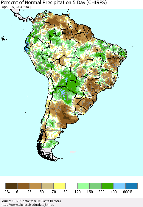 South America Percent of Normal Precipitation 5-Day (CHIRPS) Thematic Map For 4/1/2023 - 4/5/2023