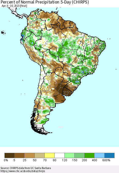 South America Percent of Normal Precipitation 5-Day (CHIRPS) Thematic Map For 4/6/2023 - 4/10/2023