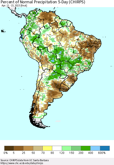 South America Percent of Normal Precipitation 5-Day (CHIRPS) Thematic Map For 4/11/2023 - 4/15/2023