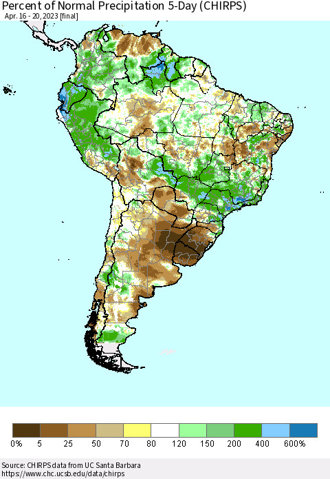 South America Percent of Normal Precipitation 5-Day (CHIRPS) Thematic Map For 4/16/2023 - 4/20/2023