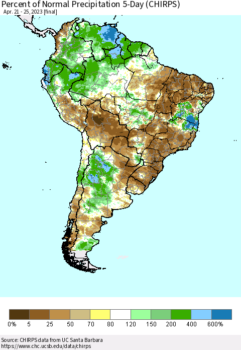 South America Percent of Normal Precipitation 5-Day (CHIRPS) Thematic Map For 4/21/2023 - 4/25/2023