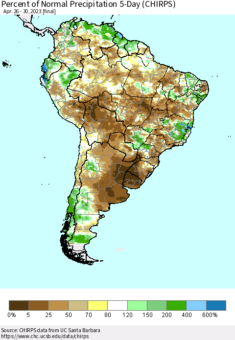 South America Percent of Normal Precipitation 5-Day (CHIRPS) Thematic Map For 4/26/2023 - 4/30/2023