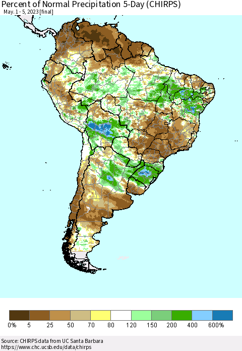 South America Percent of Normal Precipitation 5-Day (CHIRPS) Thematic Map For 5/1/2023 - 5/5/2023