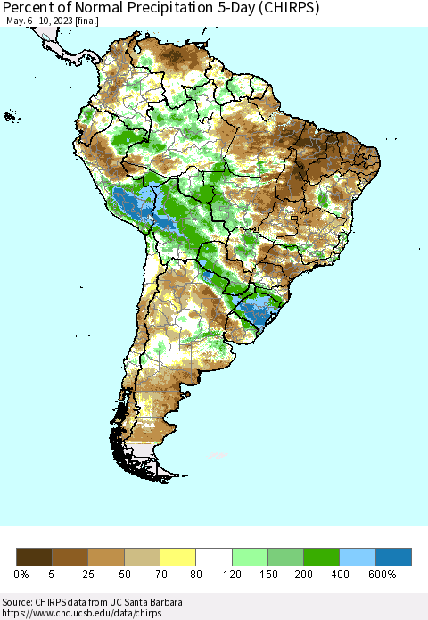 South America Percent of Normal Precipitation 5-Day (CHIRPS) Thematic Map For 5/6/2023 - 5/10/2023