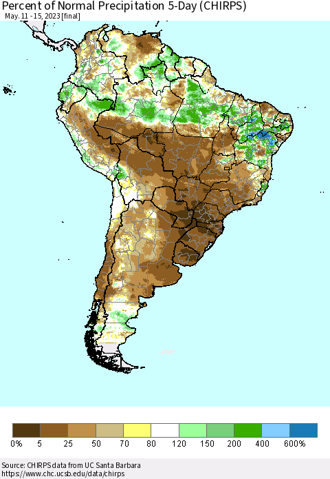 South America Percent of Normal Precipitation 5-Day (CHIRPS) Thematic Map For 5/11/2023 - 5/15/2023