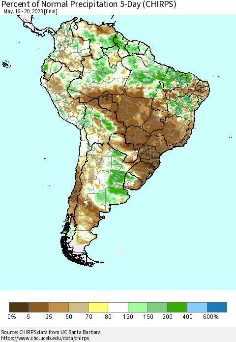 South America Percent of Normal Precipitation 5-Day (CHIRPS) Thematic Map For 5/16/2023 - 5/20/2023