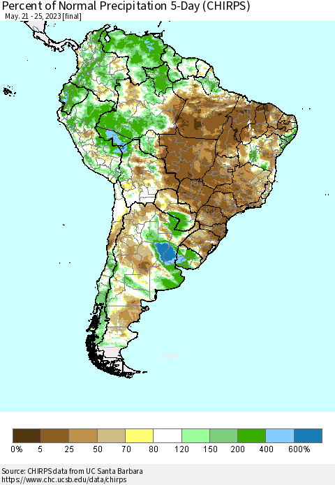 South America Percent of Normal Precipitation 5-Day (CHIRPS) Thematic Map For 5/21/2023 - 5/25/2023
