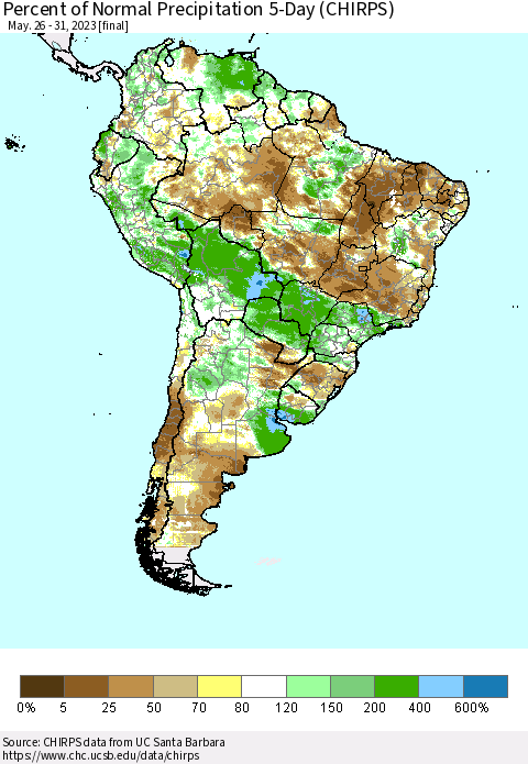 South America Percent of Normal Precipitation 5-Day (CHIRPS) Thematic Map For 5/26/2023 - 5/31/2023