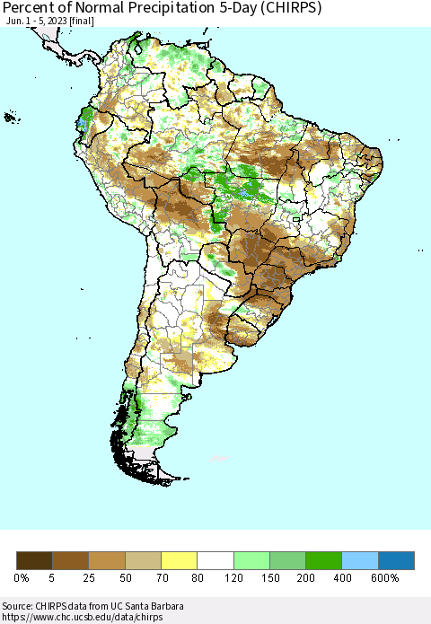 South America Percent of Normal Precipitation 5-Day (CHIRPS) Thematic Map For 6/1/2023 - 6/5/2023