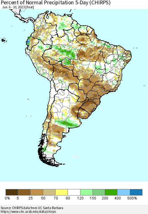 South America Percent of Normal Precipitation 5-Day (CHIRPS) Thematic Map For 6/6/2023 - 6/10/2023