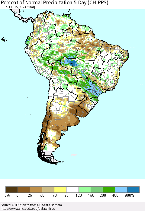 South America Percent of Normal Precipitation 5-Day (CHIRPS) Thematic Map For 6/11/2023 - 6/15/2023