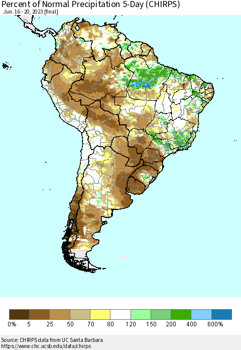 South America Percent of Normal Precipitation 5-Day (CHIRPS) Thematic Map For 6/16/2023 - 6/20/2023