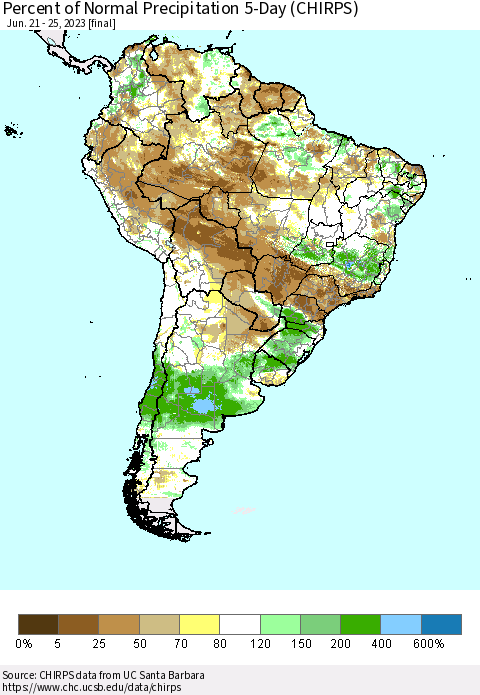 South America Percent of Normal Precipitation 5-Day (CHIRPS) Thematic Map For 6/21/2023 - 6/25/2023