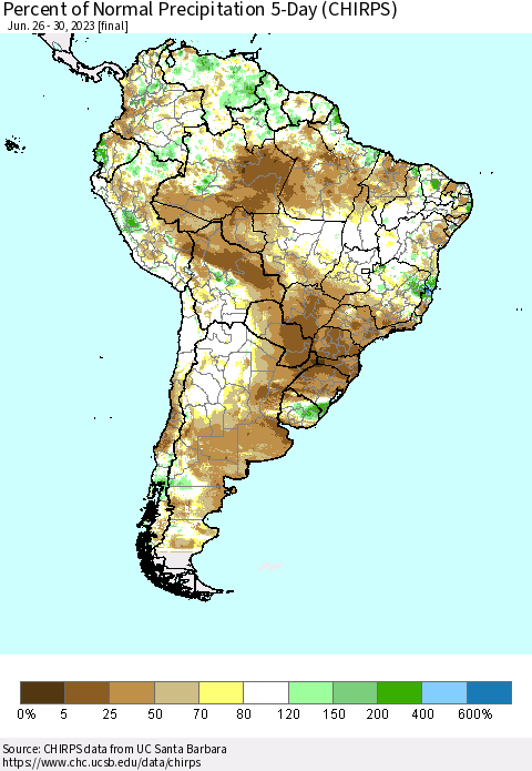 South America Percent of Normal Precipitation 5-Day (CHIRPS) Thematic Map For 6/26/2023 - 6/30/2023