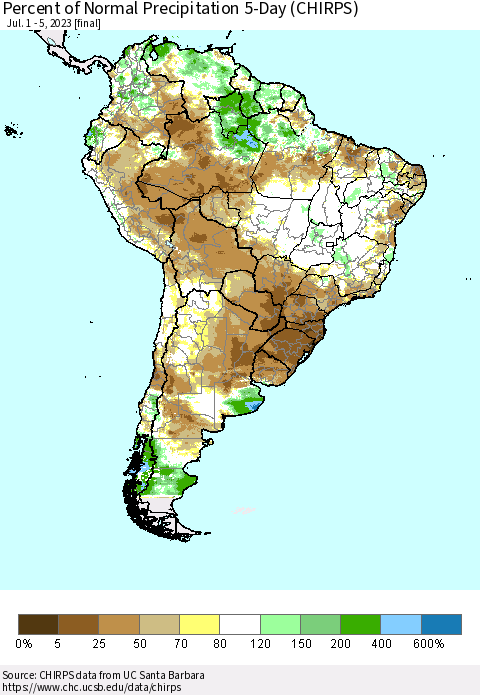 South America Percent of Normal Precipitation 5-Day (CHIRPS) Thematic Map For 7/1/2023 - 7/5/2023