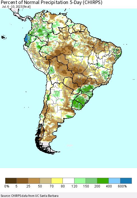 South America Percent of Normal Precipitation 5-Day (CHIRPS) Thematic Map For 7/6/2023 - 7/10/2023