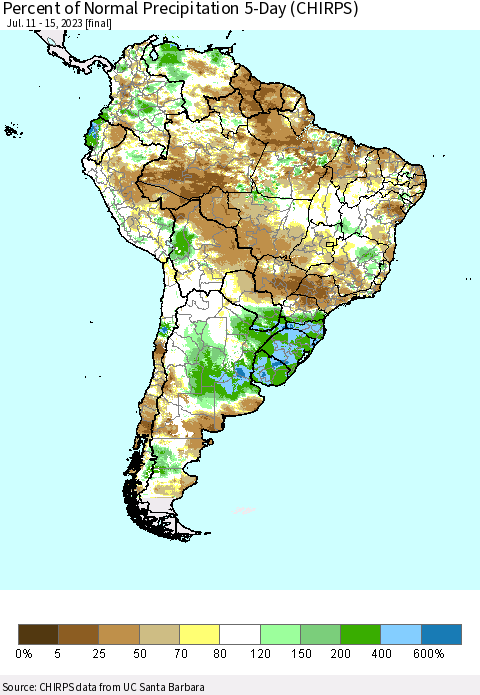 South America Percent of Normal Precipitation 5-Day (CHIRPS) Thematic Map For 7/11/2023 - 7/15/2023