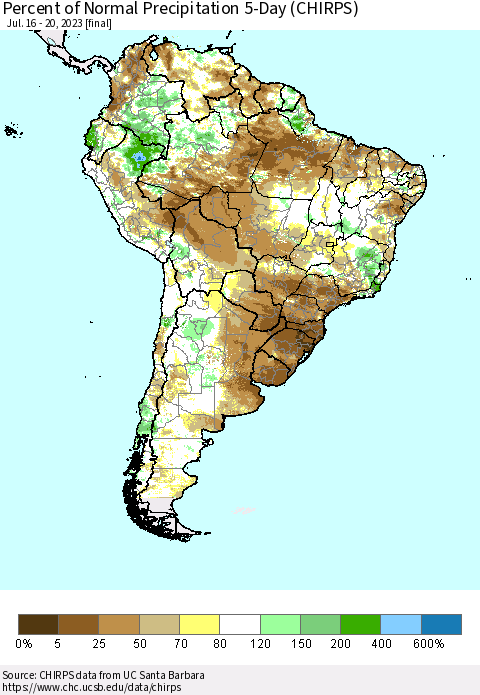 South America Percent of Normal Precipitation 5-Day (CHIRPS) Thematic Map For 7/16/2023 - 7/20/2023