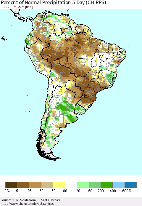 South America Percent of Normal Precipitation 5-Day (CHIRPS) Thematic Map For 7/21/2023 - 7/25/2023