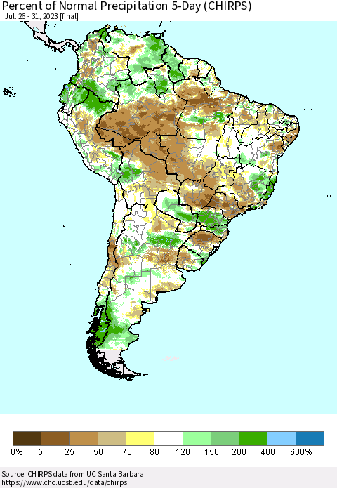 South America Percent of Normal Precipitation 5-Day (CHIRPS) Thematic Map For 7/26/2023 - 7/31/2023