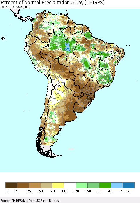 South America Percent of Normal Precipitation 5-Day (CHIRPS) Thematic Map For 8/1/2023 - 8/5/2023
