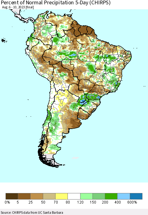 South America Percent of Normal Precipitation 5-Day (CHIRPS) Thematic Map For 8/6/2023 - 8/10/2023