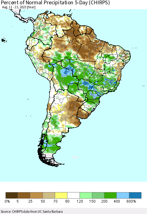 South America Percent of Normal Precipitation 5-Day (CHIRPS) Thematic Map For 8/11/2023 - 8/15/2023