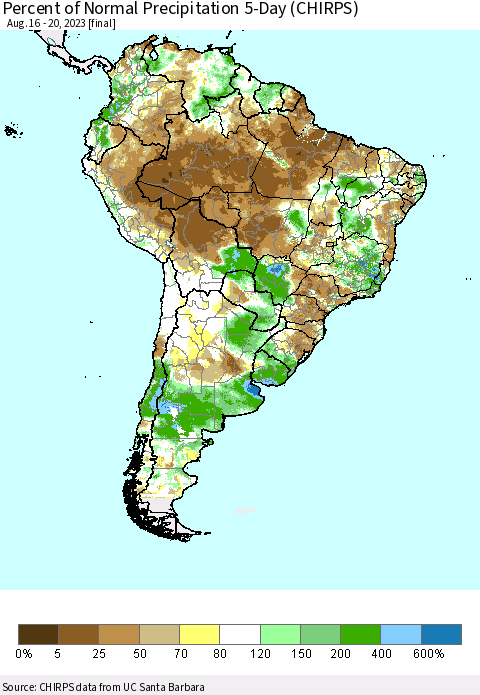 South America Percent of Normal Precipitation 5-Day (CHIRPS) Thematic Map For 8/16/2023 - 8/20/2023