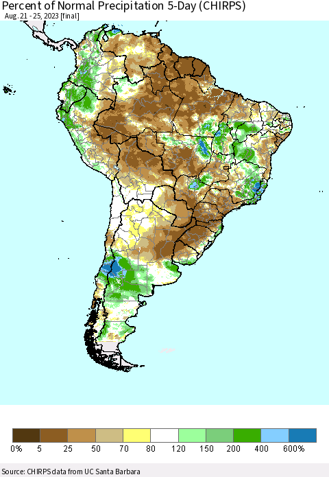 South America Percent of Normal Precipitation 5-Day (CHIRPS) Thematic Map For 8/21/2023 - 8/25/2023