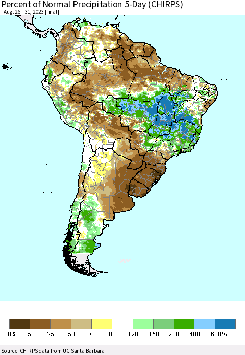 South America Percent of Normal Precipitation 5-Day (CHIRPS) Thematic Map For 8/26/2023 - 8/31/2023