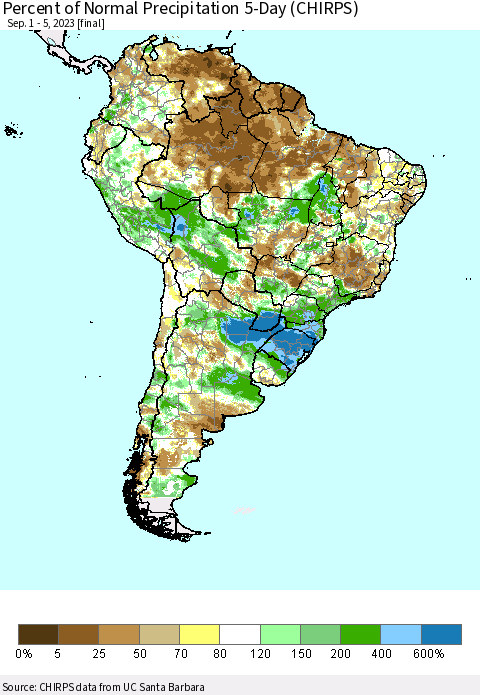 South America Percent of Normal Precipitation 5-Day (CHIRPS) Thematic Map For 9/1/2023 - 9/5/2023