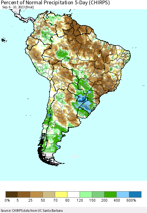 South America Percent of Normal Precipitation 5-Day (CHIRPS) Thematic Map For 9/6/2023 - 9/10/2023