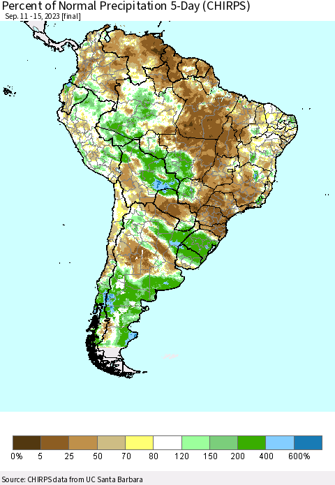 South America Percent of Normal Precipitation 5-Day (CHIRPS) Thematic Map For 9/11/2023 - 9/15/2023