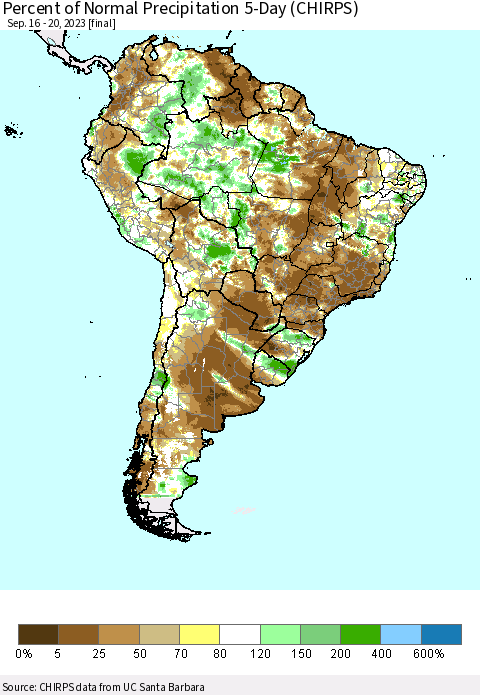 South America Percent of Normal Precipitation 5-Day (CHIRPS) Thematic Map For 9/16/2023 - 9/20/2023