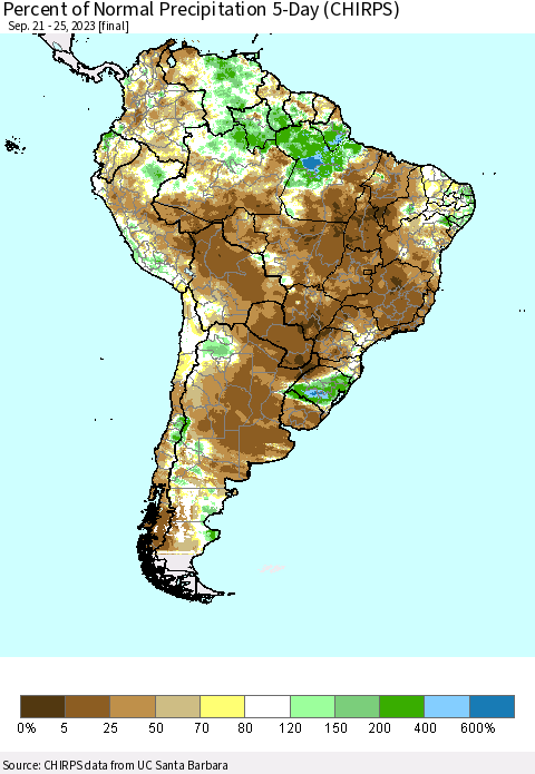 South America Percent of Normal Precipitation 5-Day (CHIRPS) Thematic Map For 9/21/2023 - 9/25/2023