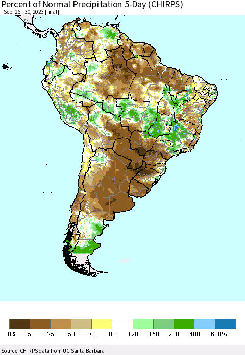 South America Percent of Normal Precipitation 5-Day (CHIRPS) Thematic Map For 9/26/2023 - 9/30/2023